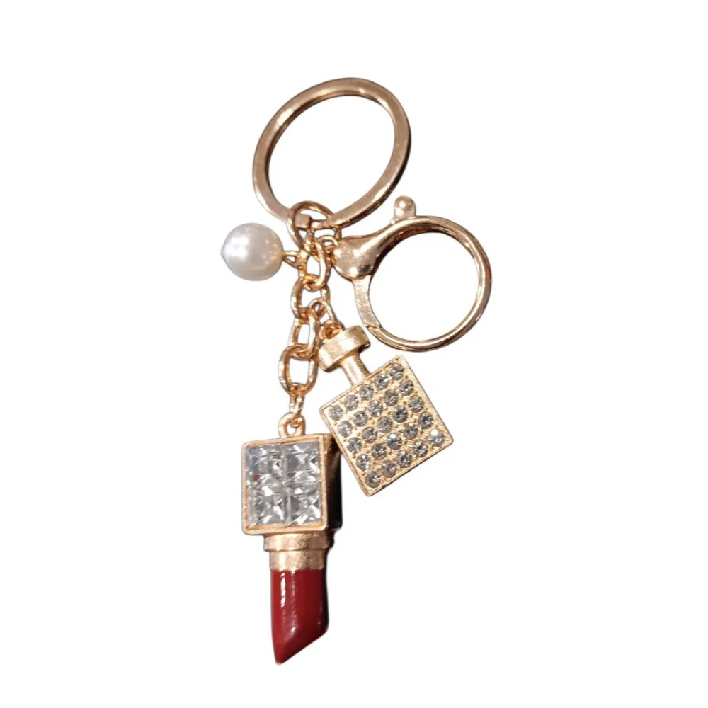 Lipstick, Perfume Bottle, Pearl Rhinestone Purse Charm Keychain in Maroon Bling